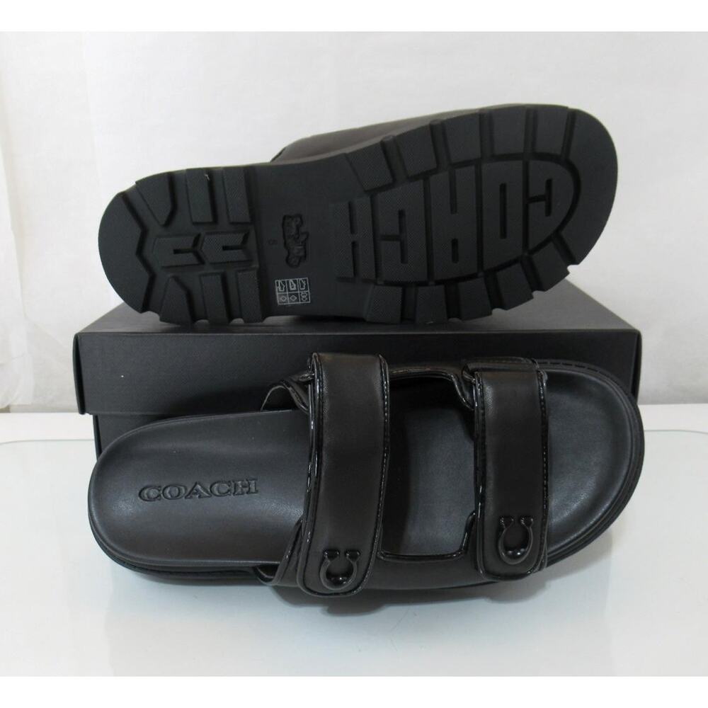 Coach Size 8 Sculpted C Leather Double Strap Band Slide Sandals Flat Heel Black - Picture 8 of 8